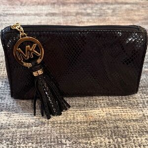 Michael Kors Black Snake-Embossed Zip Clutch with Gold MK Tassel
